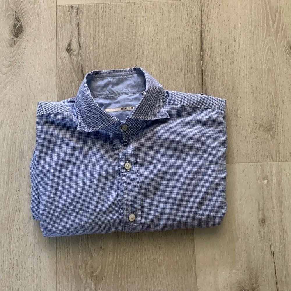 Xacus Mens Blue Gingham Button Down Shirt Italian Cotton Spread Collar Size 15.5